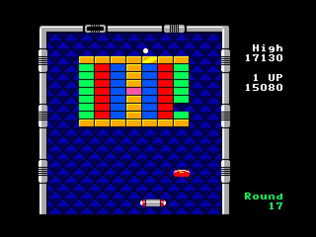 Arkanoid TRS-80 Color Computer Screenshot: Gold bricks will block lasers...