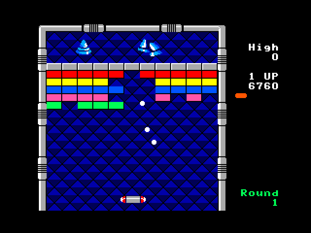Arkanoid TRS-80 Color Computer Screenshot: The ball split into 3...
