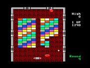 Arkanoid for TRS-80 Color Computer - Round 4 is easier than round 3 due to no gold bricks.