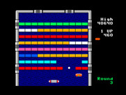 Arkanoid for TRS-80 Color Computer - Round 3; catch the "S" capsule to slow down the ball...