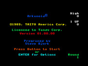 Arkanoid for TRS-80 Color Computer - Title screen.