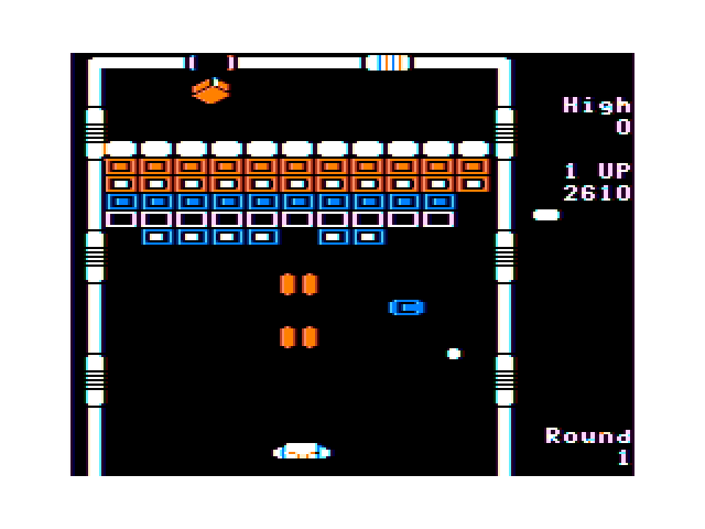 Arkanoid TRS-80 Color Computer Screenshot: Using the laser paddle to blast bricks...