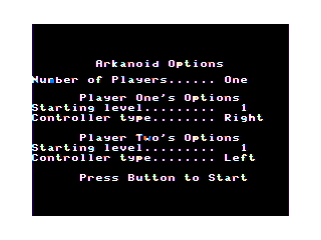 Arkanoid TRS-80 Color Computer Screenshot: Game options.