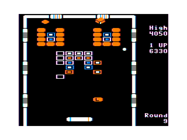 Arkanoid TRS-80 Color Computer Screenshot: The extra wide paddle...