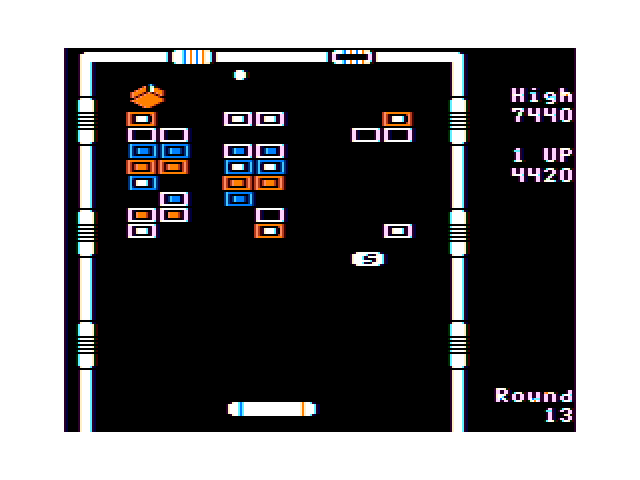 Arkanoid TRS-80 Color Computer Screenshot: Only a few bricks to go!