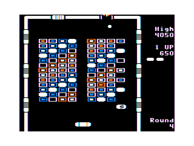 Arkanoid TRS-80 Color Computer Screenshot: The "S" capsule slows the ball down a bit...