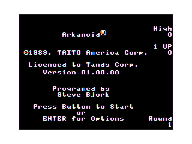 Arkanoid TRS-80 Color Computer Screenshot: Title screen.
