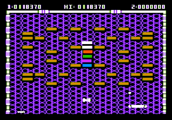 Arkanoid Apple II Screenshot: There's only a few bricks to hit, but the gold bricks get in the way.