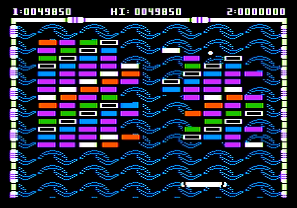 Arkanoid Apple II Screenshot: Round 4 with the expanded paddle.