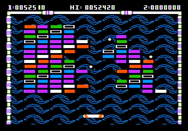 Arkanoid Apple II Screenshot: The "D" capsule splits the ball into 3 balls.