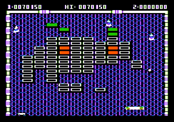 Arkanoid Apple II Screenshot: Round 5 has an alien shape...