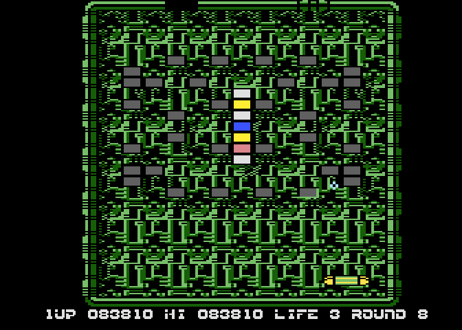 Arkanoid Atari 8-bit Screenshot: The indestructible bricks make this level tricky...