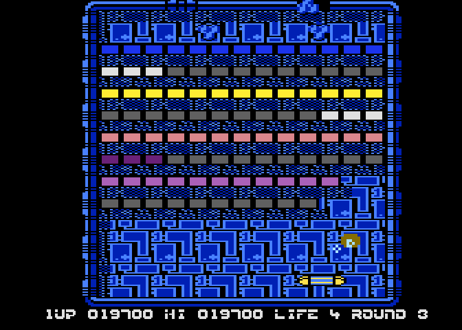 Arkanoid Atari 8-bit Screenshot: The indestructible bricks make Round 3 difficult.