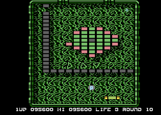 Arkanoid Atari 8-bit Screenshot: Catch the "P" capsule for an extra player...