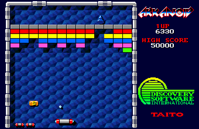 Arkanoid Amiga Screenshot: That yellow "S" capsule will slow down the ball.