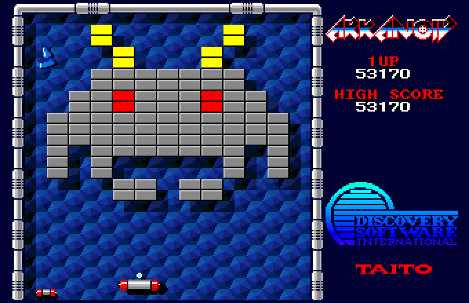 Arkanoid Amiga Screenshot: Round 5 is shaped like an alien!