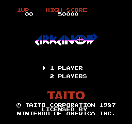 Arkanoid NES / Famicom Screenshot: Title screen (U.S. version).