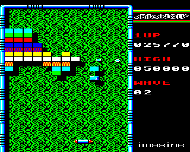 Arkanoid BBC Micro Screenshot: A few bricks destroyed, more to go...