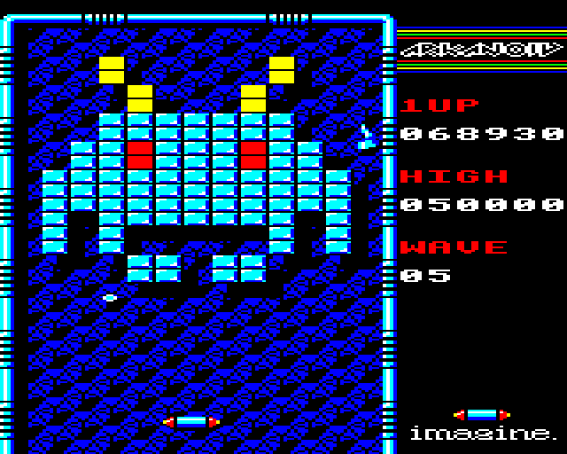 Arkanoid BBC Micro Screenshot: Round 5 is alien shaped.
