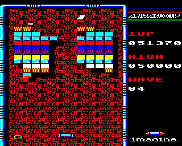 Arkanoid BBC Micro Screenshot: Use the laser paddle to shoot bricks...