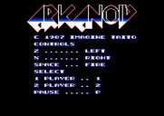 Arkanoid for Amstrad CPC - Main menu and keyboard control summary.