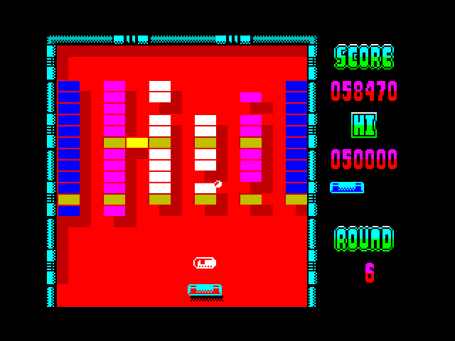 Arkanoid ZX Spectrum Screenshot: The grey "P" capsule awards an extra life!