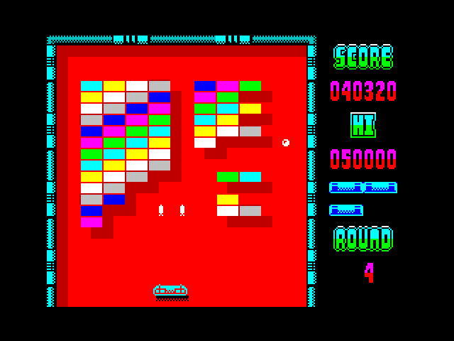 Arkanoid ZX Spectrum Screenshot: Using lasers again to shoot bricks...