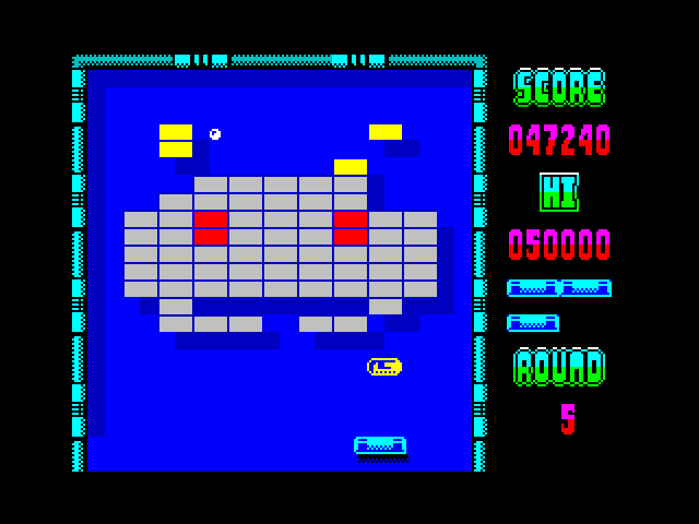 Arkanoid ZX Spectrum Screenshot: The silver (grey) bricks don't release capsules making round 5 difficult...