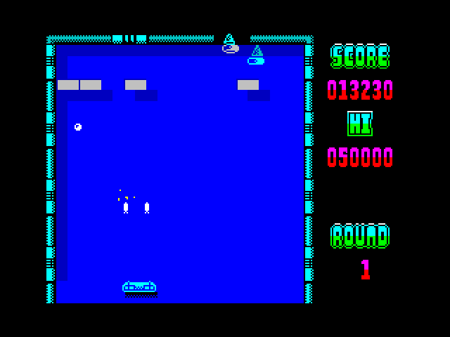 Arkanoid ZX Spectrum Screenshot: Using lasers to shoot the last few bricks...