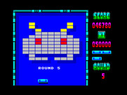 Arkanoid for ZX Spectrum - Round 5 start; background colors alternate between blue and red in the ZX Spectrum version.
