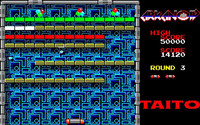 Arkanoid PC-8800 Series Screenshot: Gold bricks can't be destroyed making this round tricky...