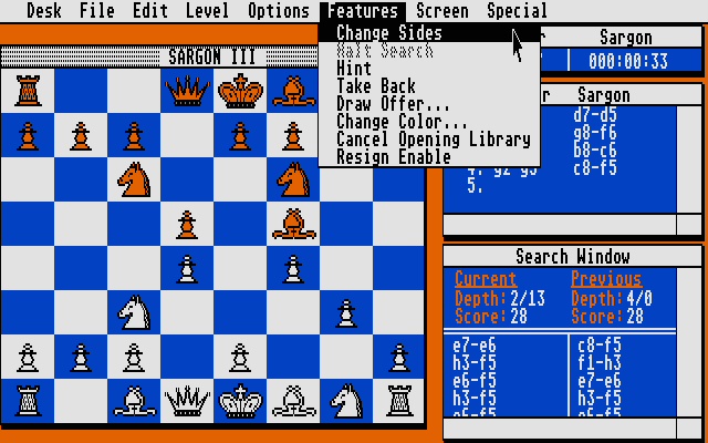 Sargon III Atari ST Screenshot: The features menu.