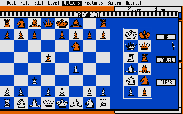 Sargon III Atari ST Screenshot: You can edit the board for practice.