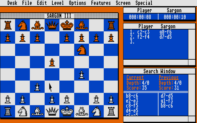 Sargon III Atari ST Screenshot: Contemplating my next move...