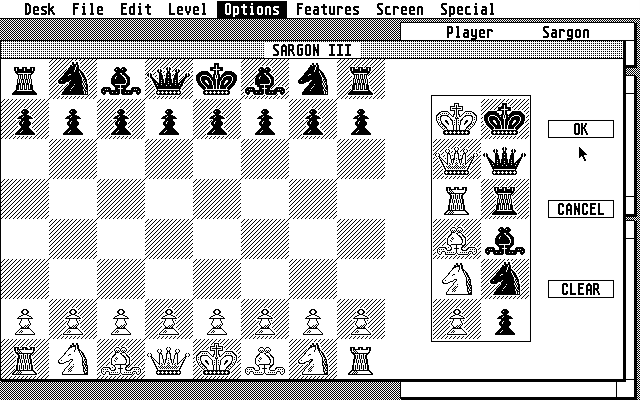 Sargon III Atari ST Screenshot: You can edit the board for practice...