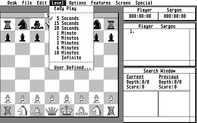 Sargon III Atari ST Screenshot: Viewing the Level menu.