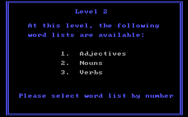 Word Attack! IBM PC/Compatibles Screenshot: Select a word list.