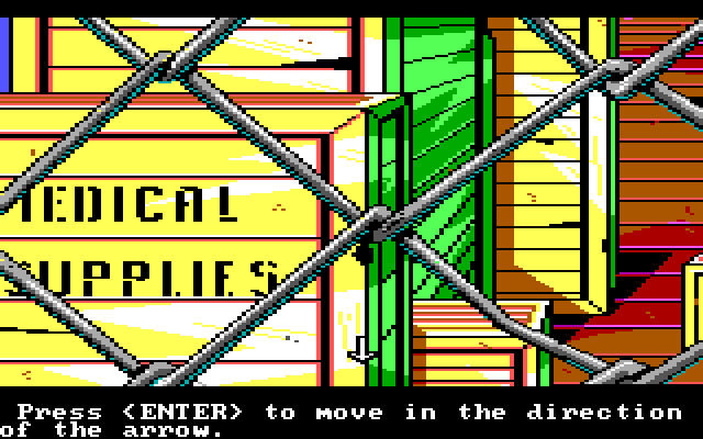 Manhunter 2: San Francisco IBM PC/Compatibles Screenshot: Medical supplies? Either way the fence prevents you from getting in to investigate.