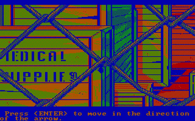 Manhunter 2: San Francisco IBM PC/Compatibles Screenshot: Medical supplies? Can't get past the fence yet to investigate.