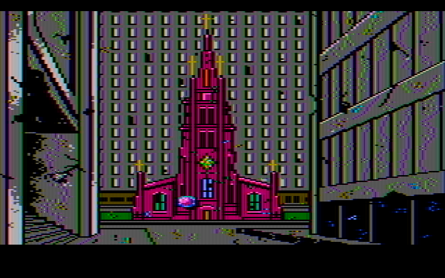 Manhunter: New York IBM PC/Compatibles Screenshot: Outside a church...