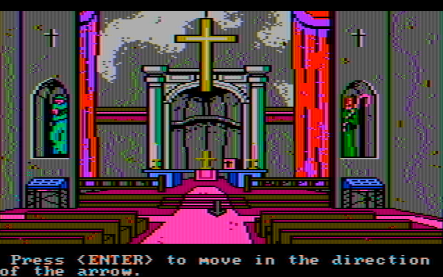 Manhunter: New York IBM PC/Compatibles Screenshot: Searching the church.