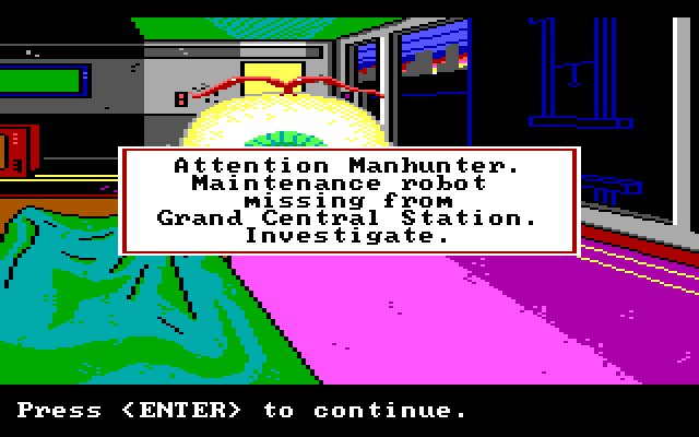 Manhunter: New York IBM PC/Compatibles Screenshot: Start of day 2; the orb provides an assignment.