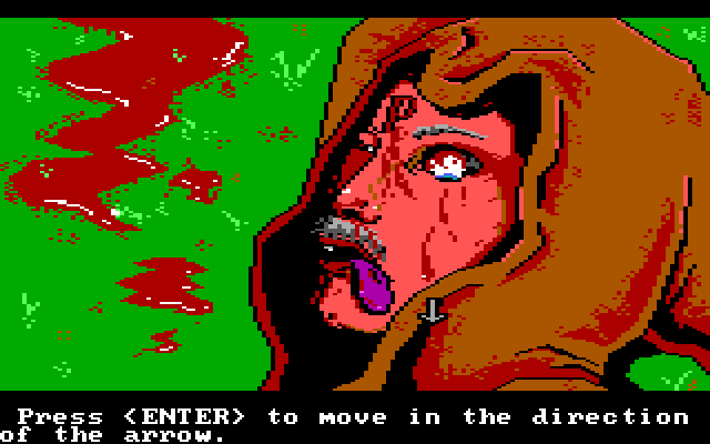 Manhunter: New York IBM PC/Compatibles Screenshot: Taking a closer look at the victim.