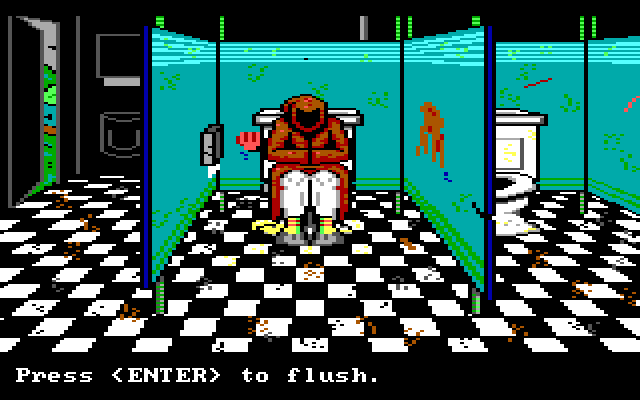 Manhunter: New York IBM PC/Compatibles Screenshot: Searching for clues in the restroom...