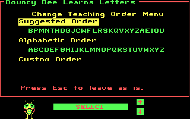 Bouncy Bee Learns Letters IBM PC/Compatibles Screenshot: Some of the game customization options.