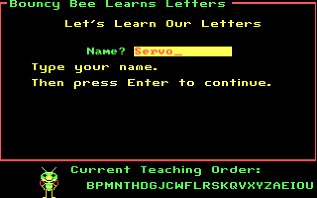 Bouncy Bee Learns Letters IBM PC/Compatibles Screenshot: First, what's your name?
