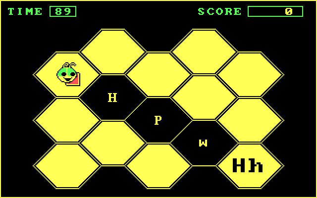 Bouncy Bee Learns Letters IBM PC/Compatibles Screenshot: Guide Bouncy Bee over letters that match the ones in the bottom right.