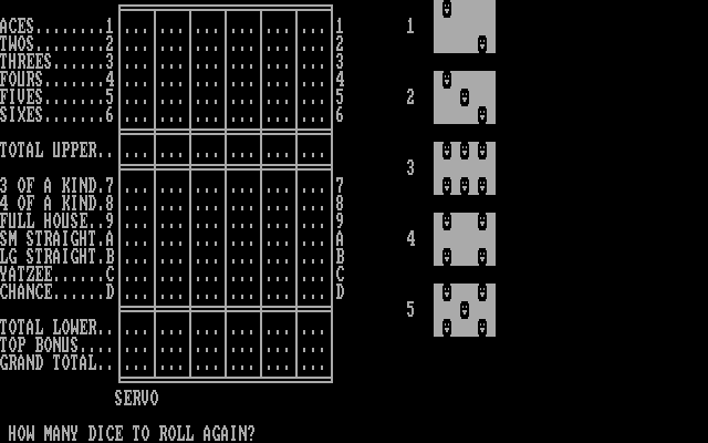 Yahtzee IBM PC/Compatibles Screenshot: How many dice to roll again?