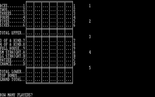 Yahtzee IBM PC/Compatibles Screenshot: Start of a game.