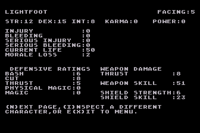 Wizard's Crown Atari 8-bit Screenshot: Character stats.